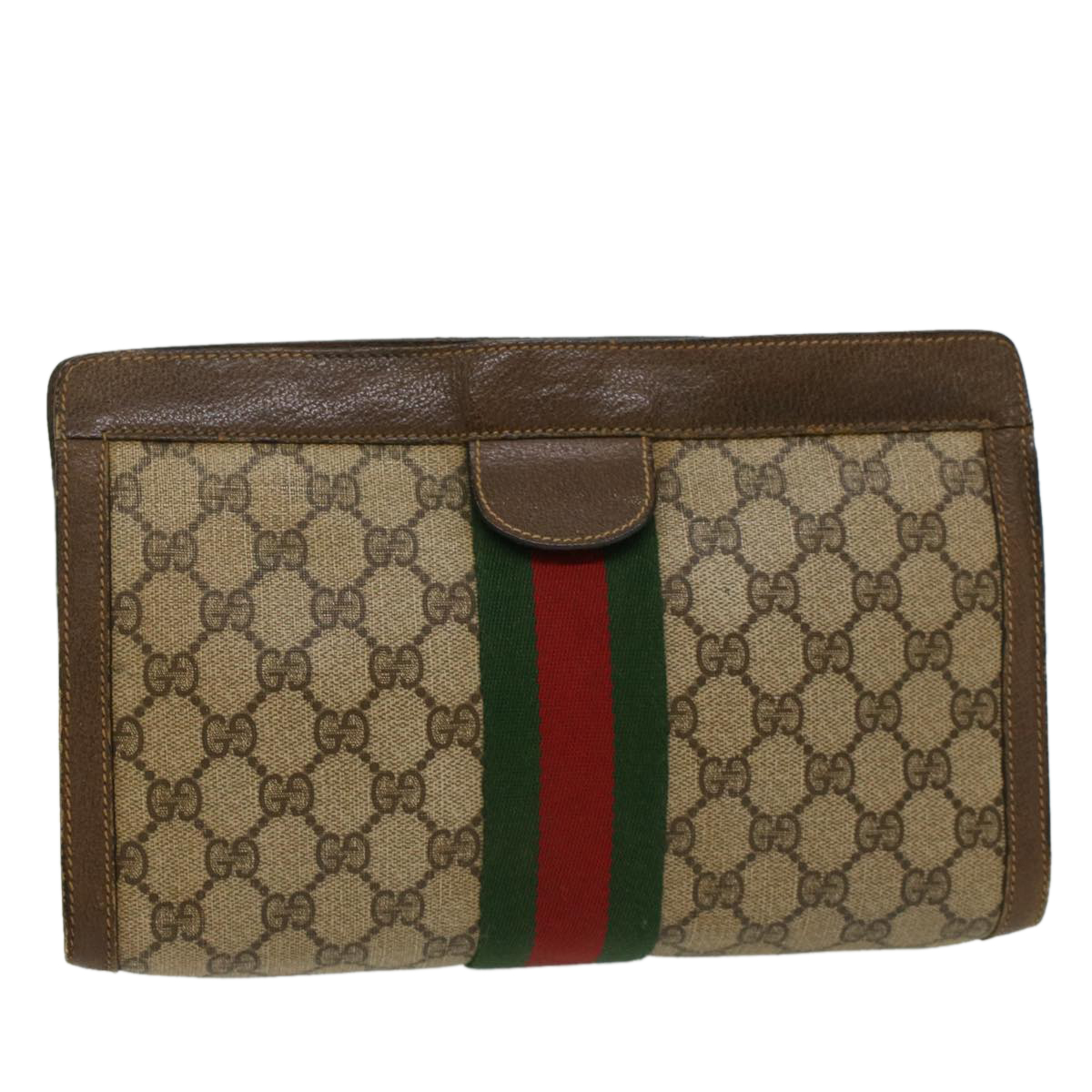 Gucci Gg Canvas Web Sherry Line Clutch Bag Beige Red 8901002 Auth Bs6599